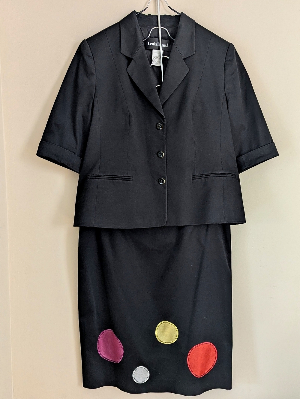 VTG Louis Féraud Blazer & Couture Skirt Set / Pop Art Circle Appliqué / Sz 14